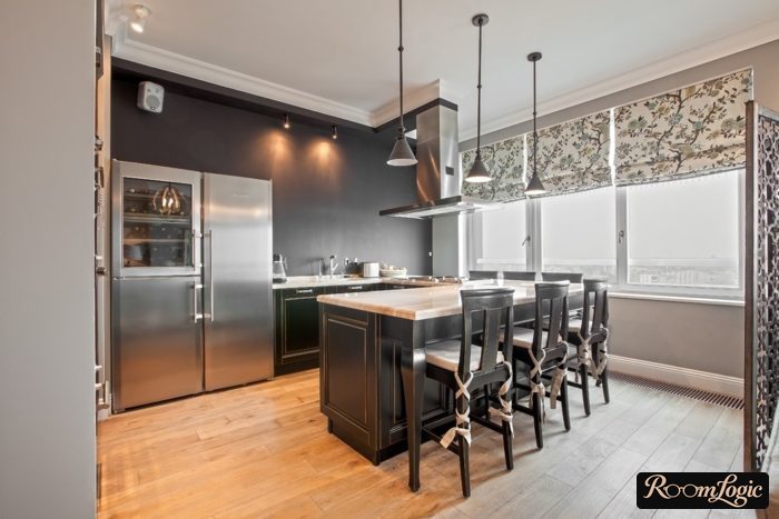 Beige short curtains in the kitchen