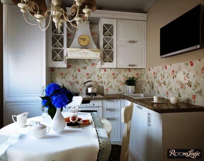 Beige wallpaper with flowers in a Provence-style kitchen