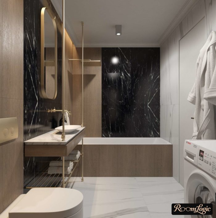 black and brown tile in combined bathroom