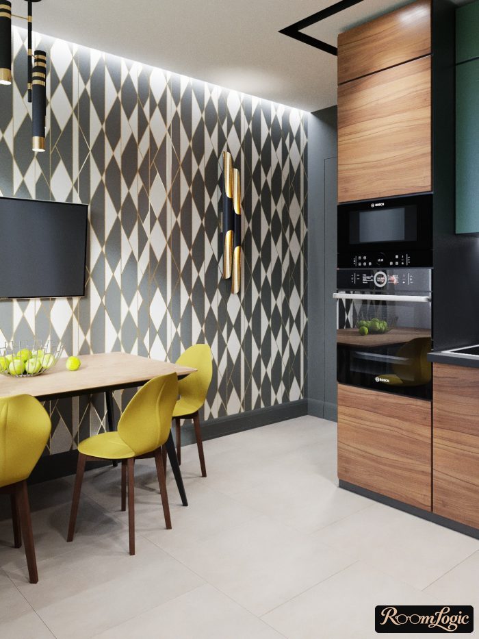 black and gold wallpaper in a modern kitchen