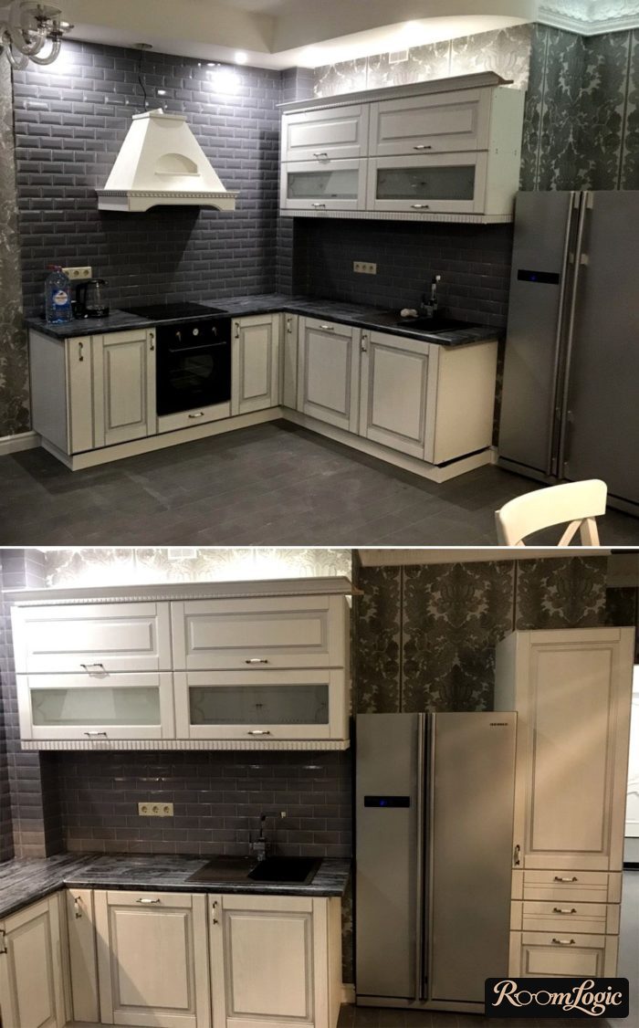 black and white kitchen in neoclassical style