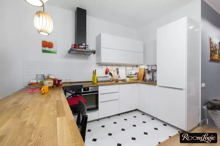 black and white tile kitchen floor design