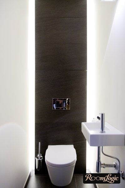 black and white toilet with lighting