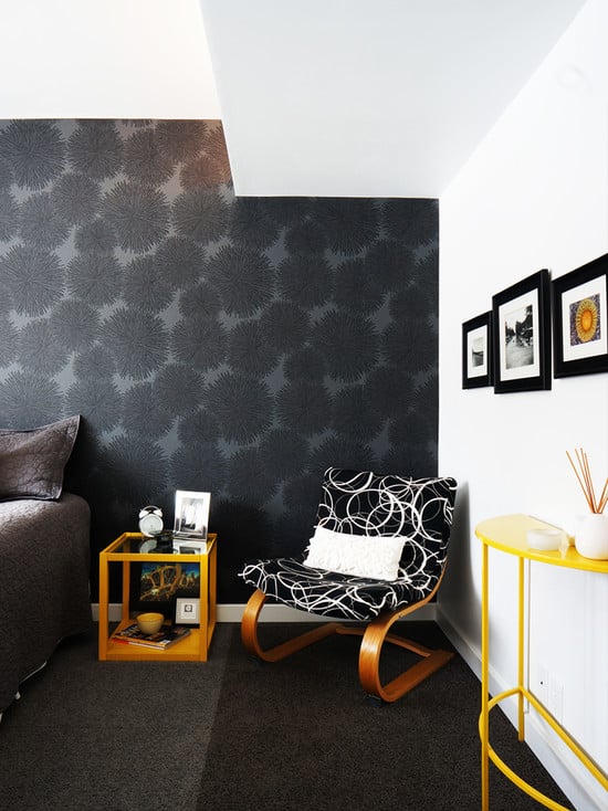black and white wallpaper in a bedroom