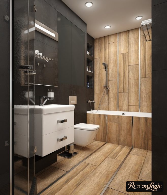 black color and wood in a loft style bathroom