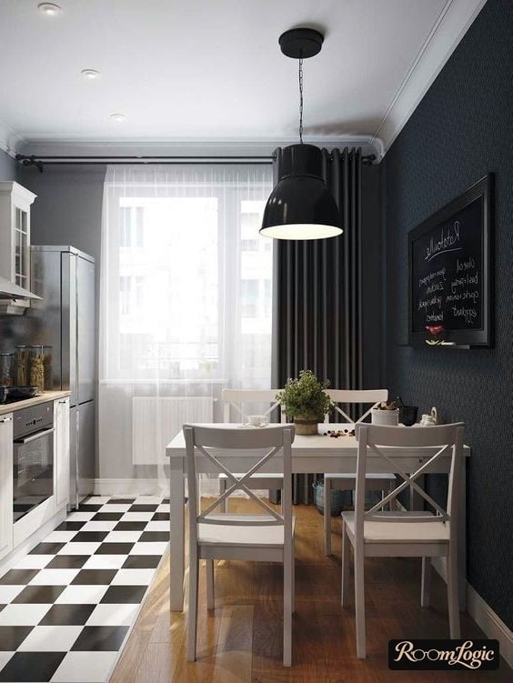 black curtains on one side in the kitchen interior