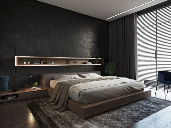 black decorative plaster behind the bed