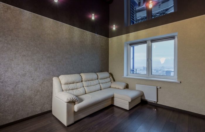 black glossy stretch ceiling in interior
