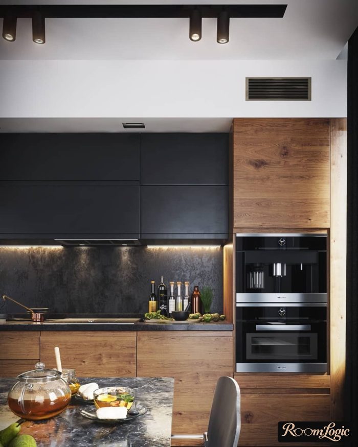 black, gray, white and wood in the kitchen interior
