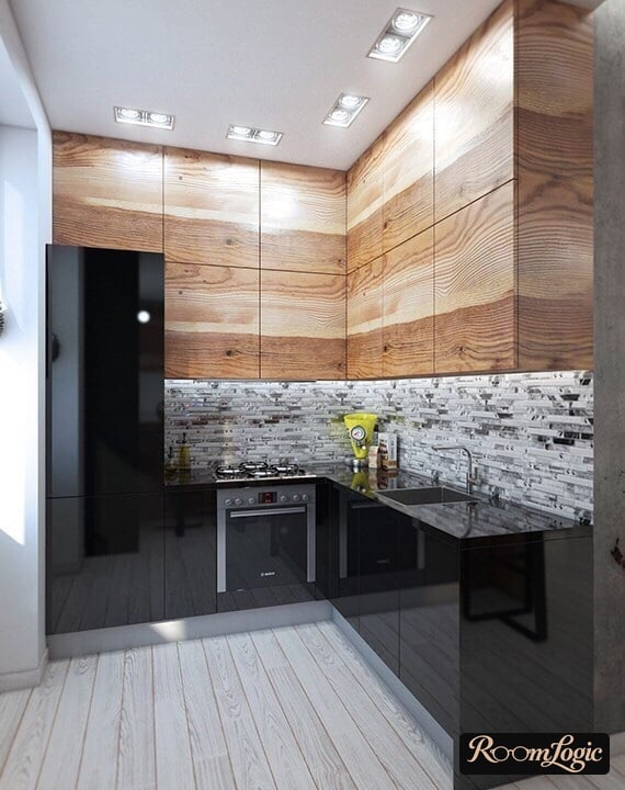 black kitchen cabinetry with wood-look top