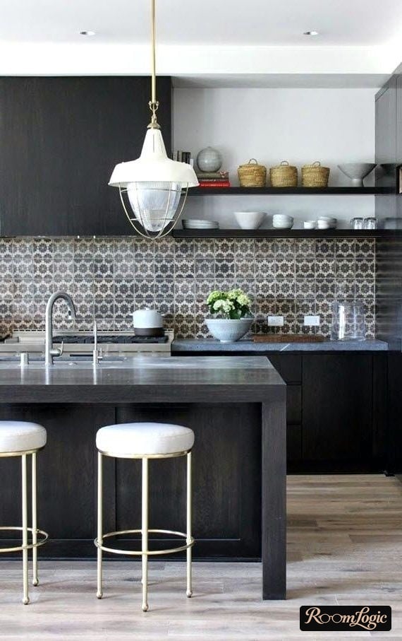 black kitchen with upper cabinets and open shelves