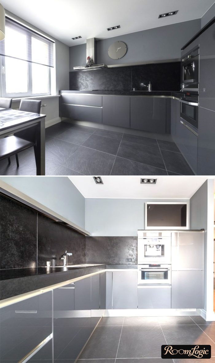 black one-level kitchen with a peninsula