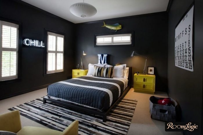 black walls in a room interior for a 16 year old boy