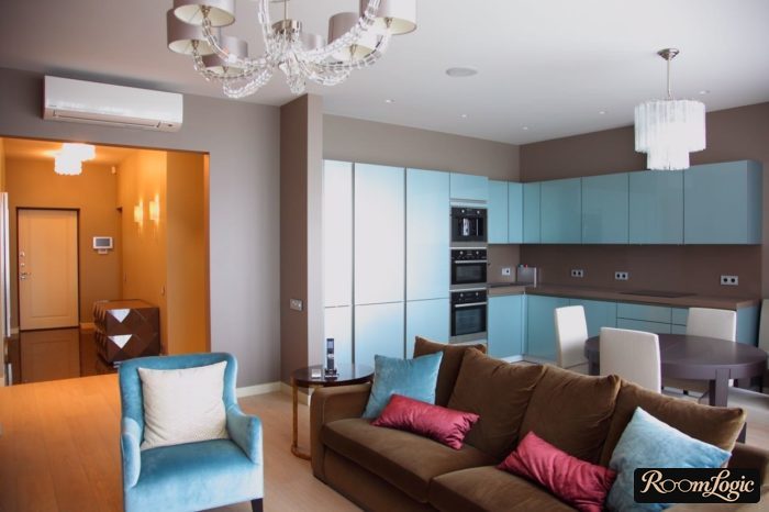 blue and pink color combination in kitchen-living room
