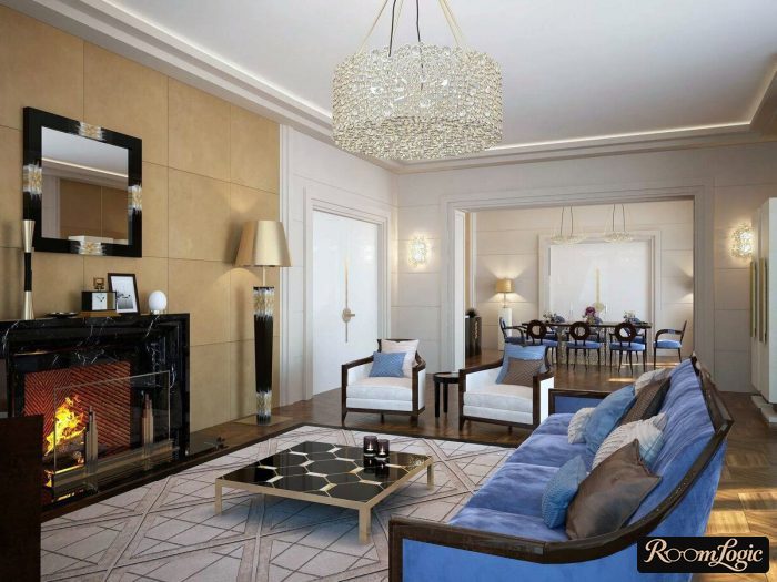 blue art deco sofa in living room