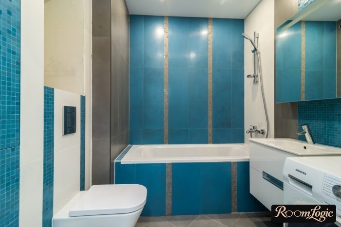 blue bathroom 43 square feet with washer