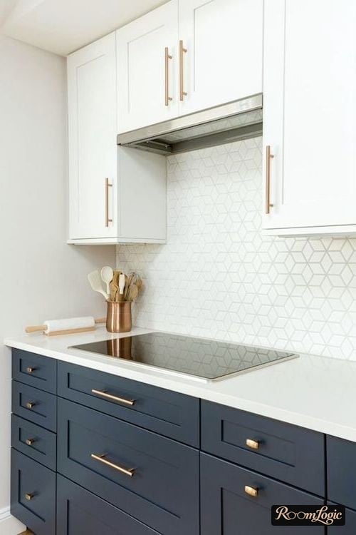 blue bottom white top to ceiling in neoclassical style kitchen