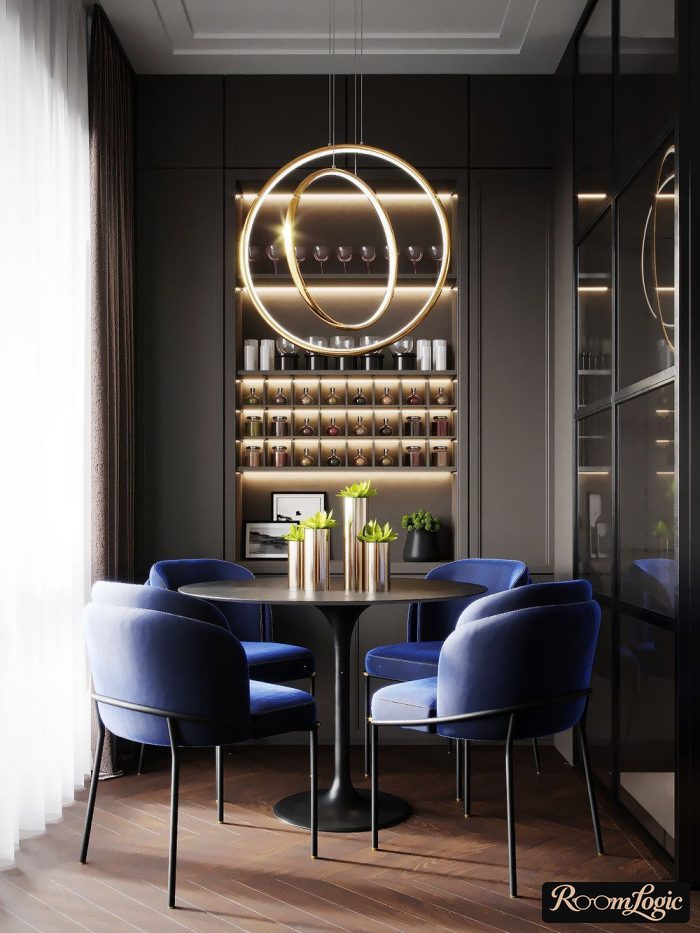 blue chairs in the interior