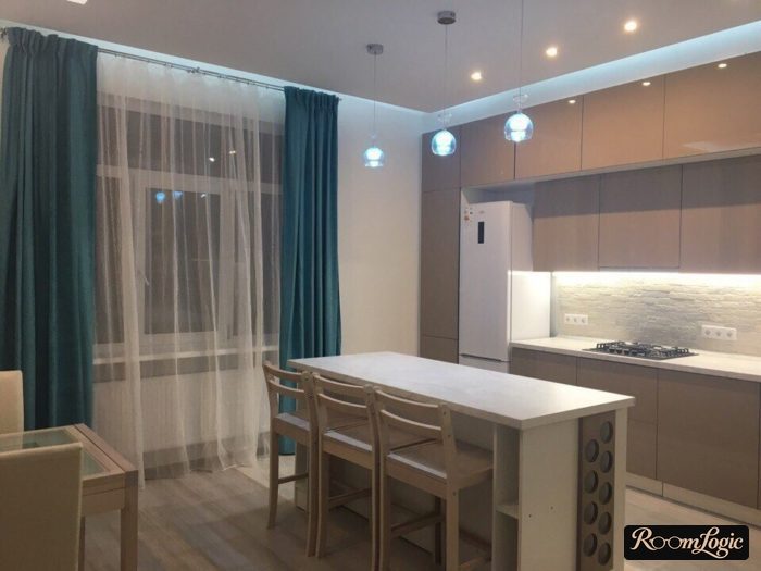 blue curtains on two sides in the kitchen