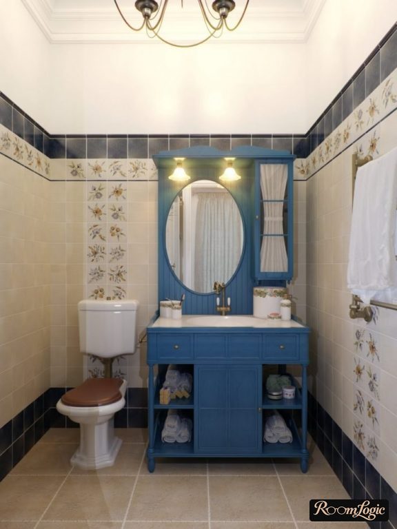 blue furniture in a classical style bathroom