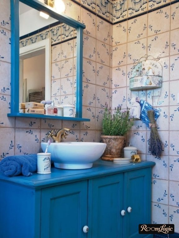 blue furniture in shabby chic style in the bathroom