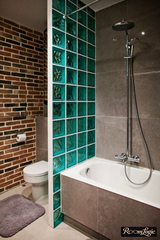 blue glass blocks in a loft-style bathroom