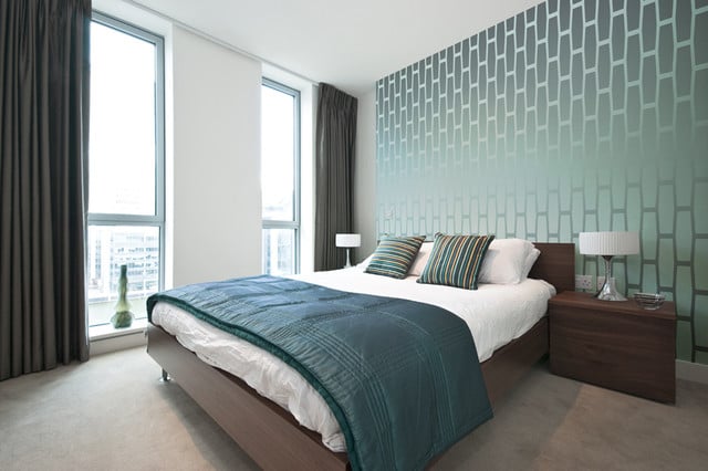 blue-green wallpaper in modern bedroom design