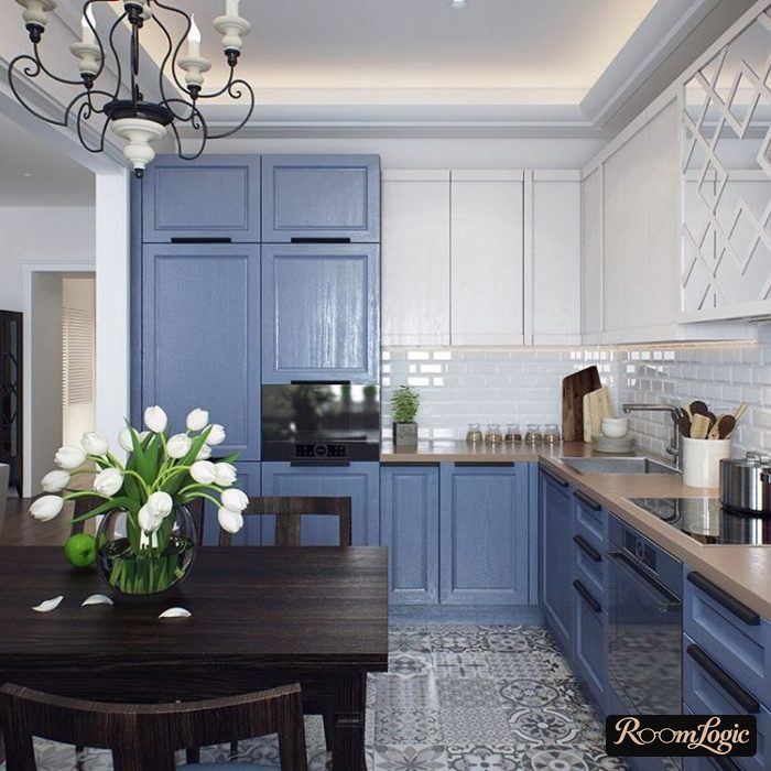 blue kitchen in neoclassical style