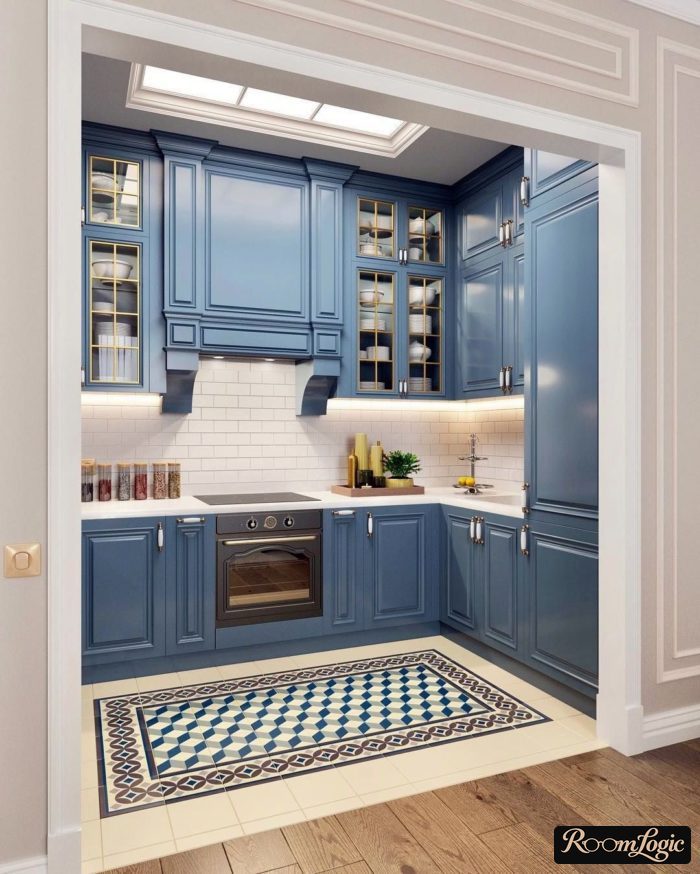 blue kitchen-living room in neoclassical style