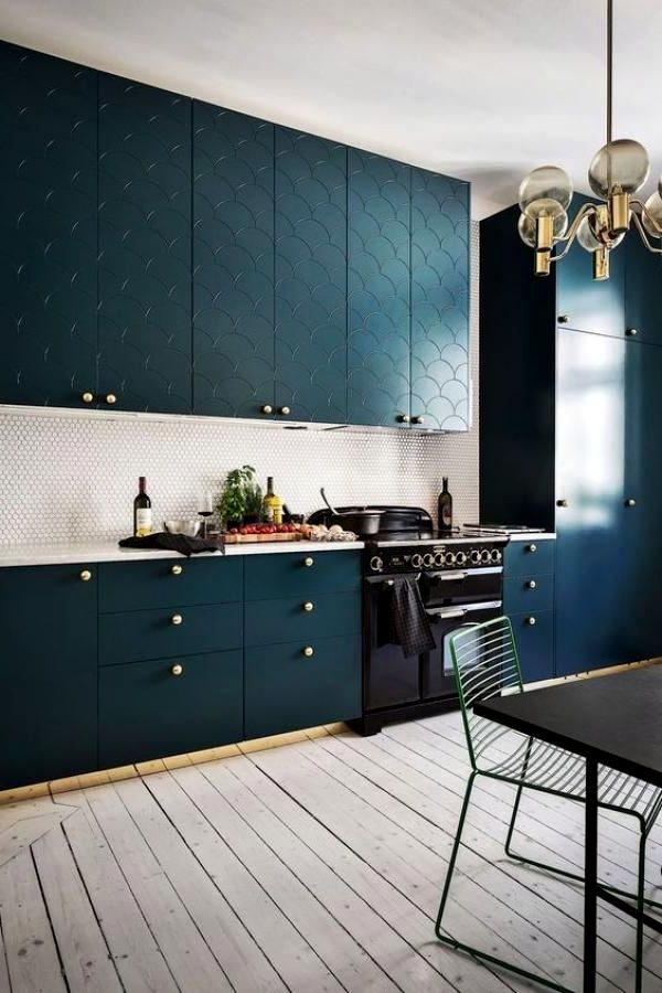 blue kitchen with 3d door cabinets