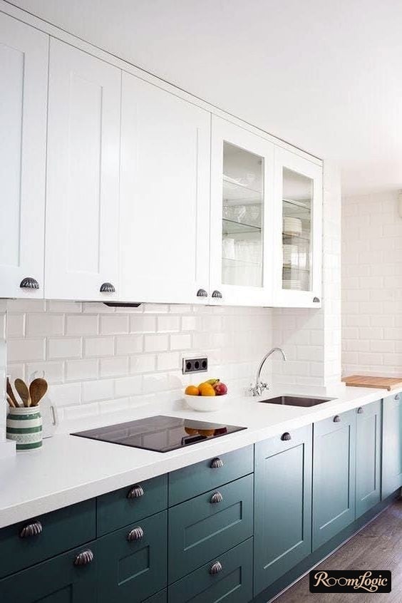 blue lower white upper kitchen in neoclassical style