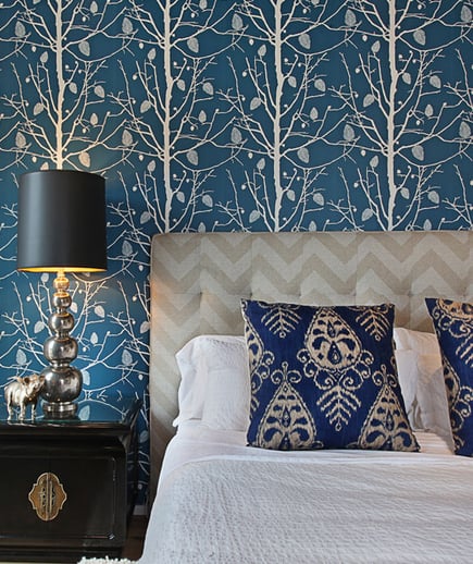 blue wallpaper with trees in the bedroom