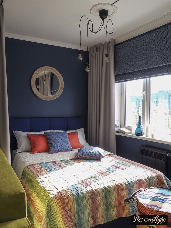 blue yellow orange and red in the bedroom interior