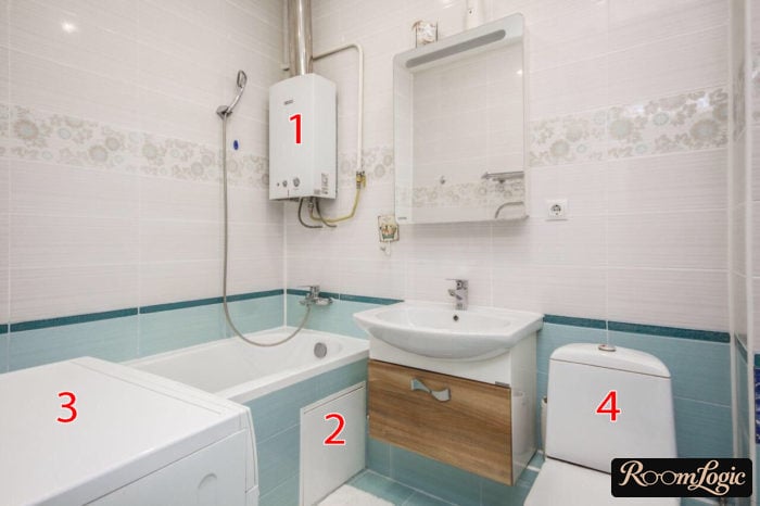boiler with washer in bathroom with toilet