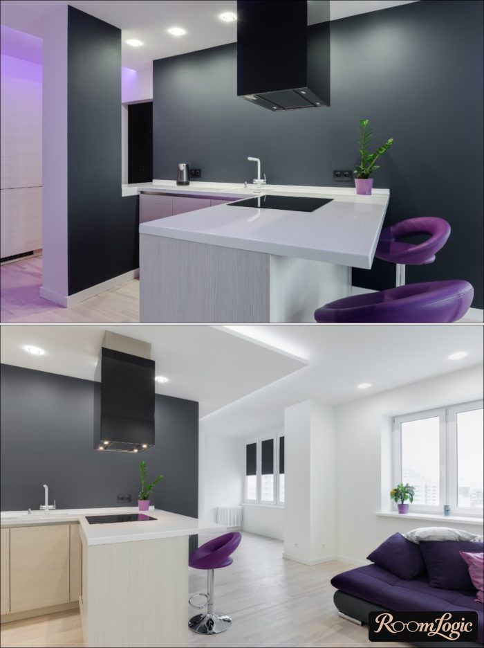 boxy black range hood in the kitchen without upper cabinets over an island