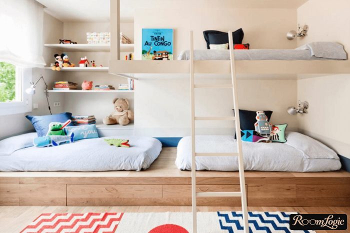 boys' room with loft bed in scandi style