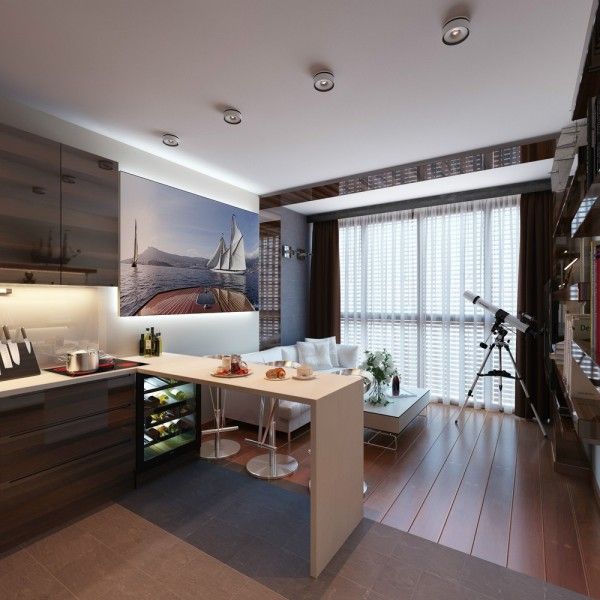 breakfast bar between kitchen and living room