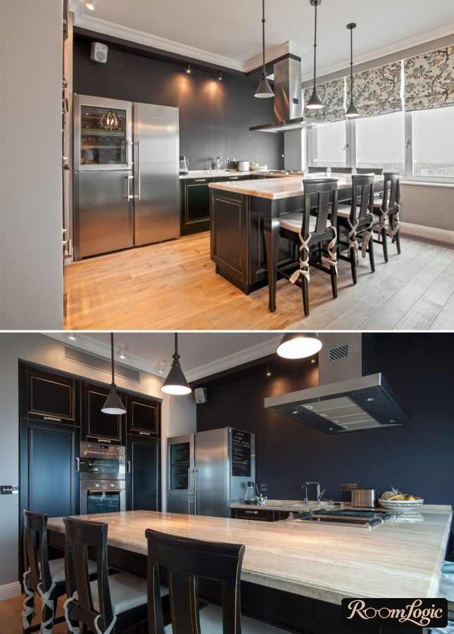 Breakfast bar in the center of the kitchen design