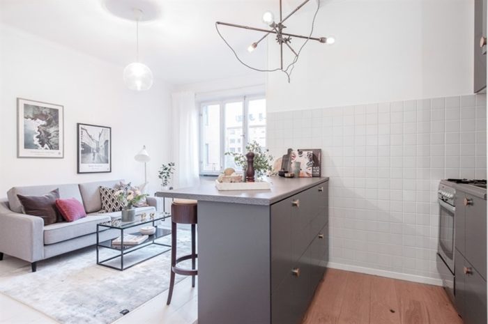 breakfast bar with drawers in studio apartment
