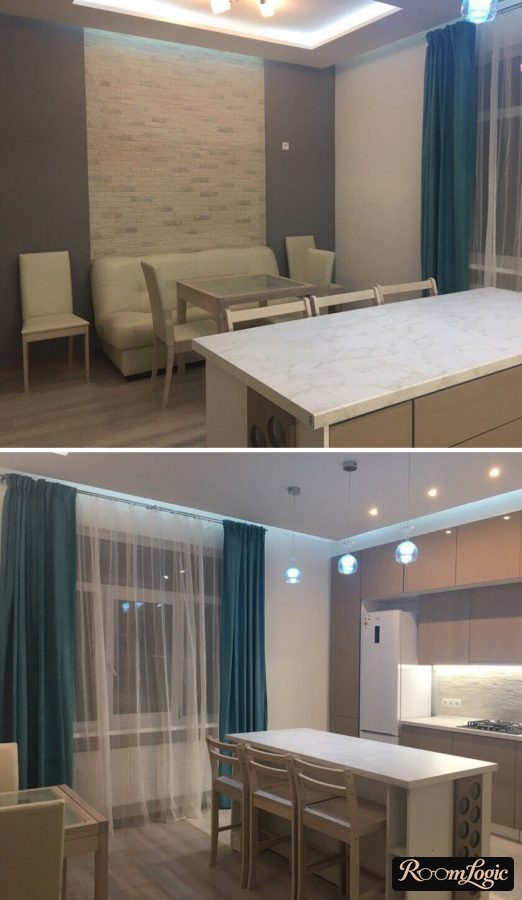 breakfast bar with marble imitation design made of particleboard in kitchen design