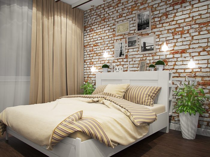 brick-imitation wallpaper in a small bedroom
