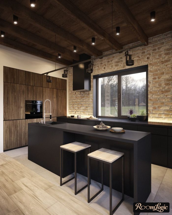 brick wall and wooden ceiling kitchen design