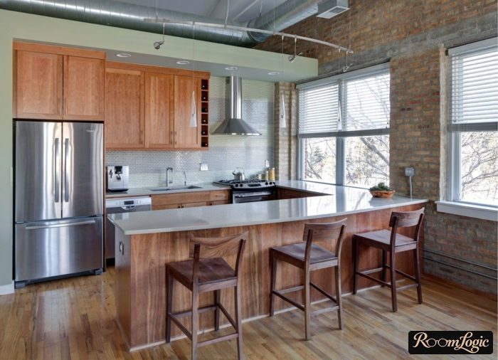 brick walls in a small loft-style kitchen