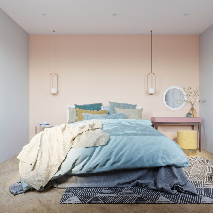 bright bedroom in scandi style