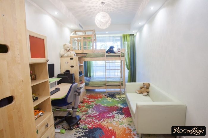 bright carpet with paint splatters in kids' room for boy 12 years