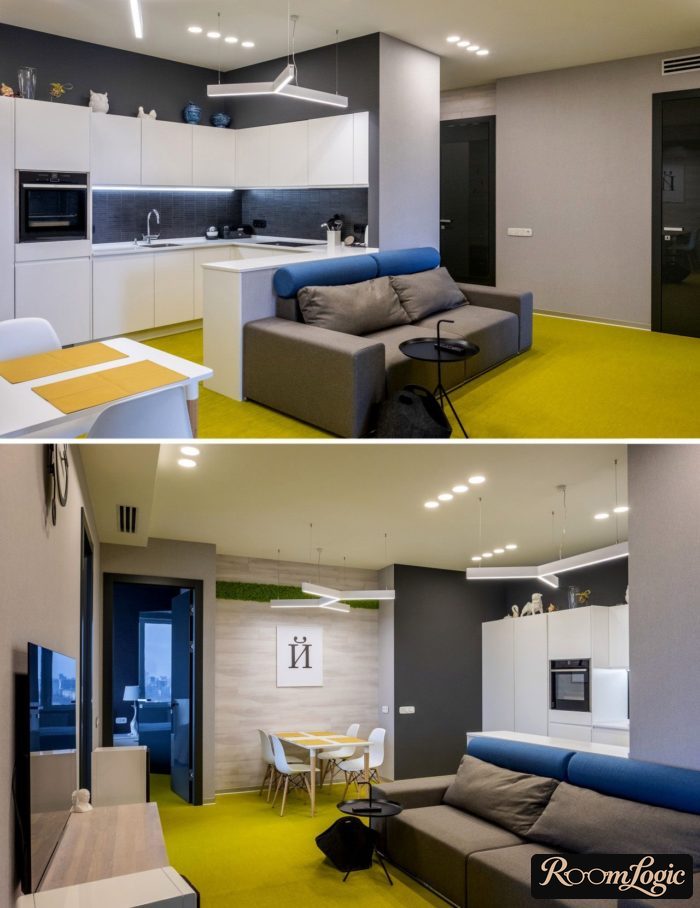 bright kitchen design with yellow carpet