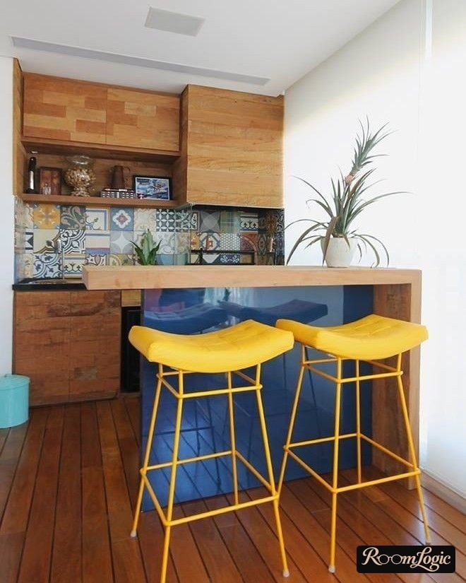 bright loft kitchen with blue and yellow colors