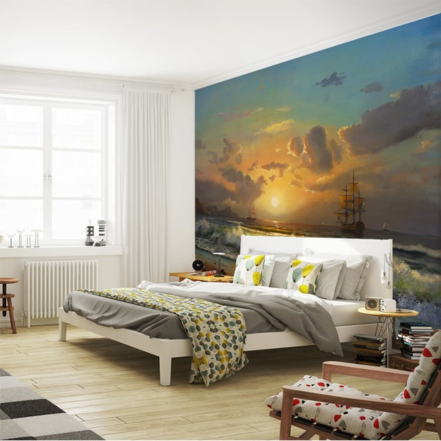Bright photo wallpaper in a modern bedroom