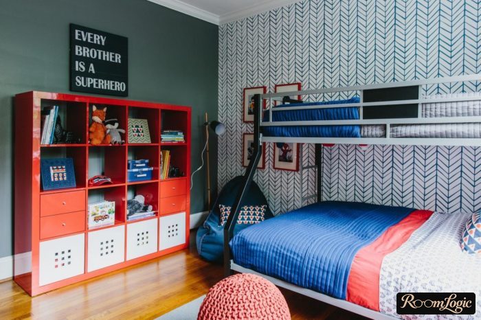 bright red shelf for toys in kids' room for two boys