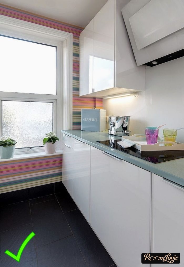 bright striped wallpaper for modern white glossy kitchen
